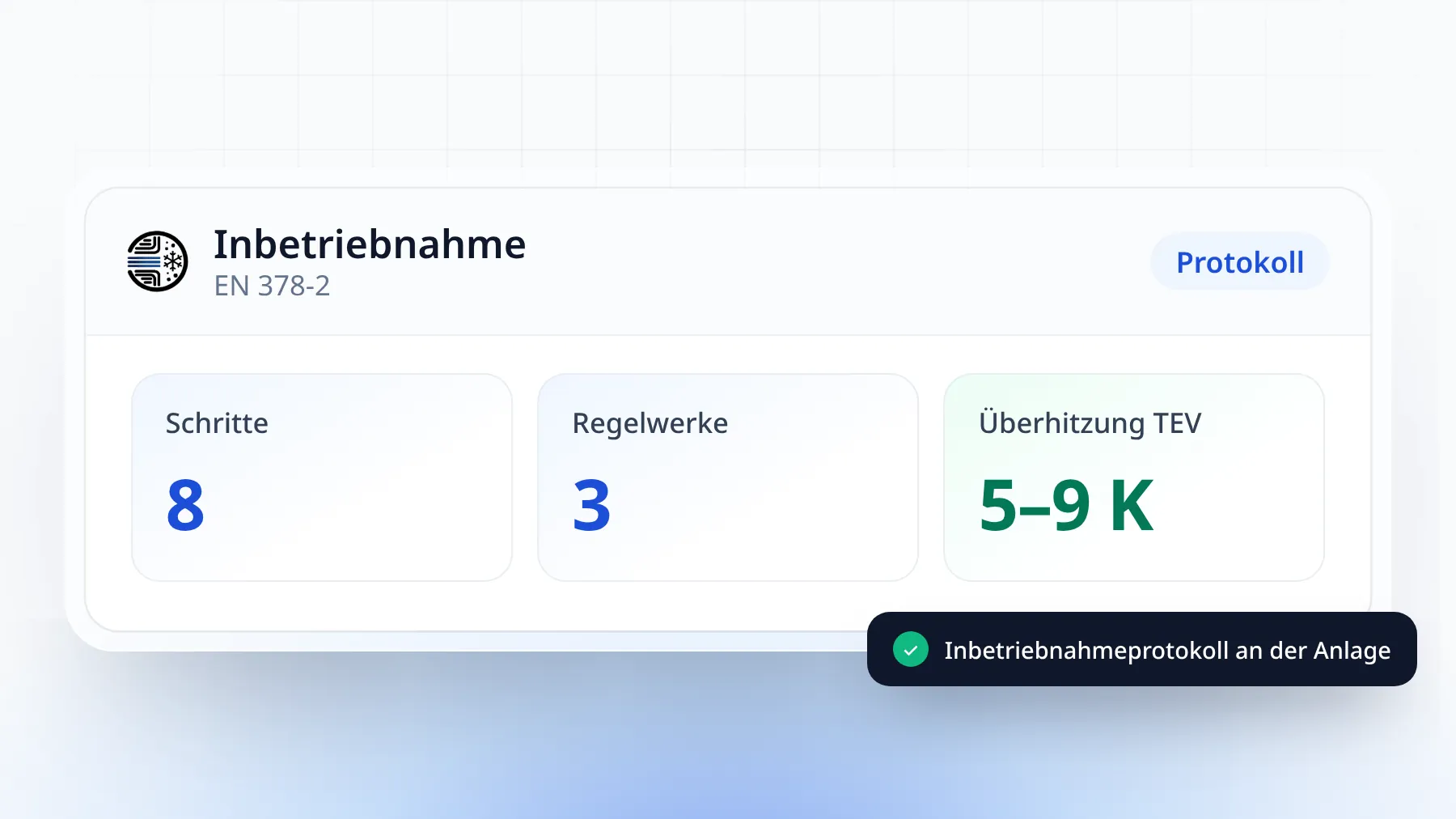 Illustration: Inbetriebnahme einer Kälteanlage – acht Schritte, drei Regelwerke, Überhitzung 5 bis 9 Kelvin
