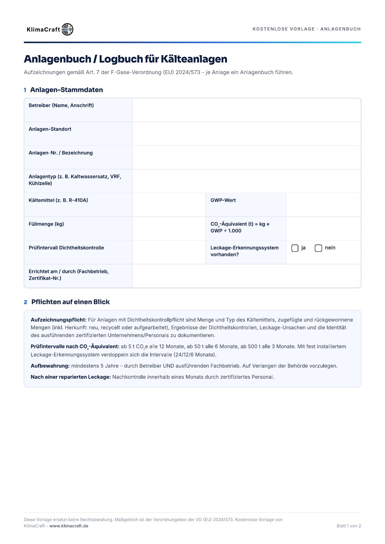 Seite 1 der Vorlage Anlagenbuch Kälteanlagen