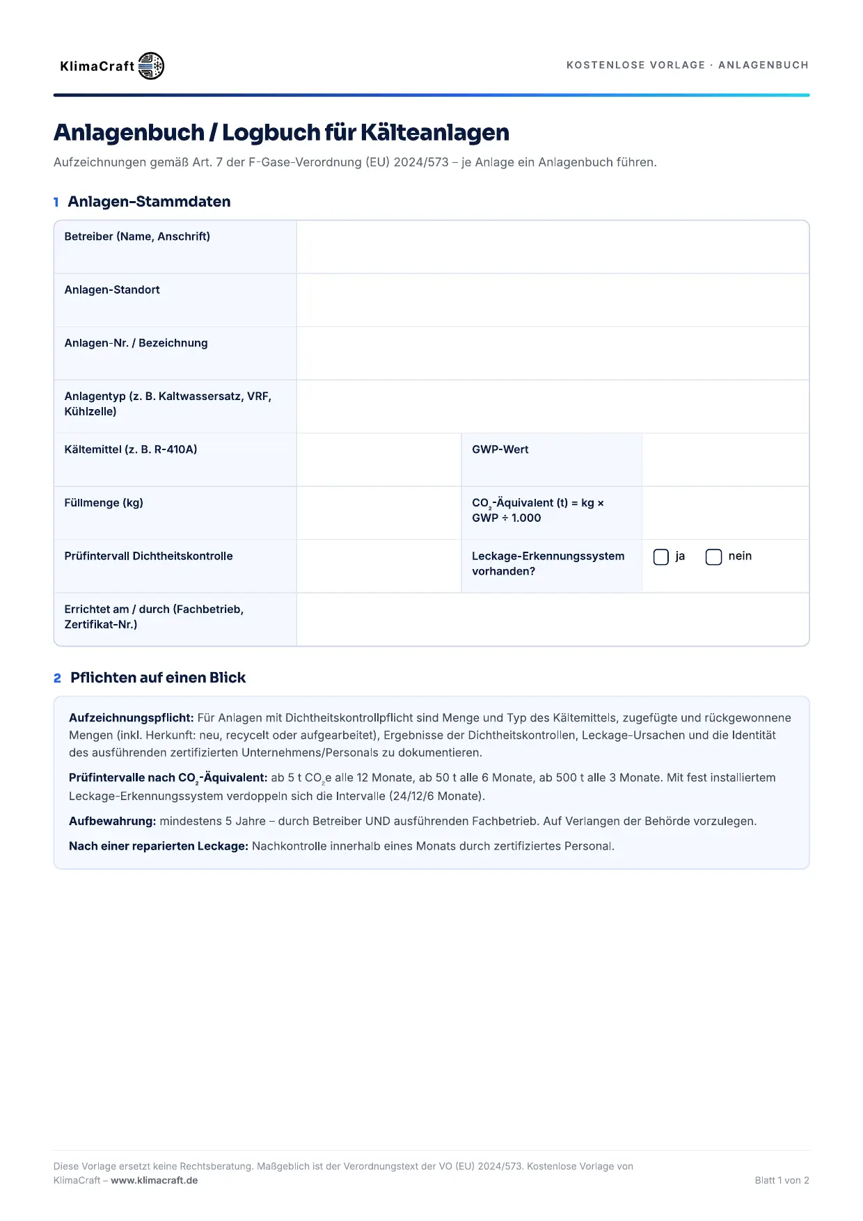 Vorschau Anlagenbuch Kälteanlagen