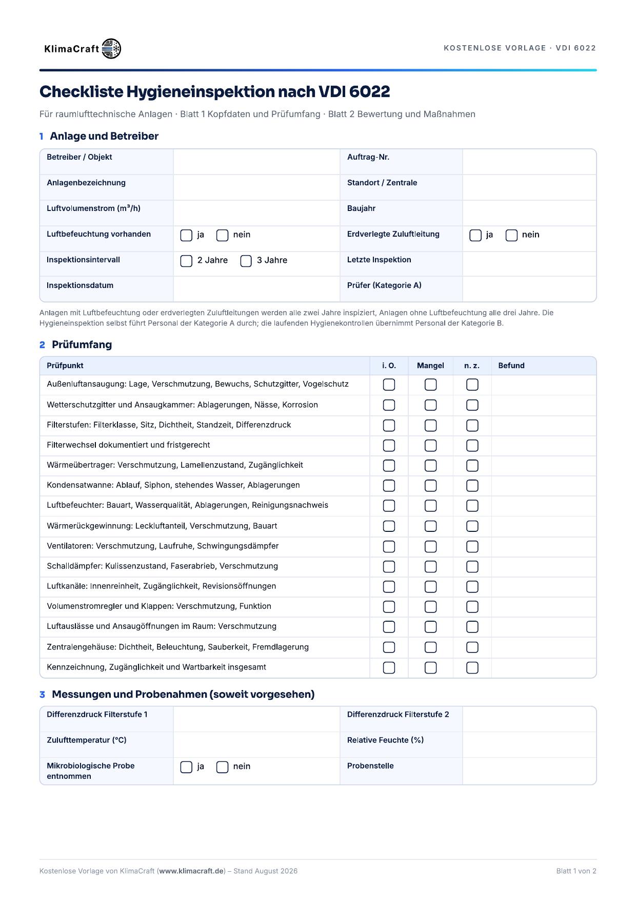 Seite 1 der Vorlage Hygieneinspektion Checkliste VDI 6022