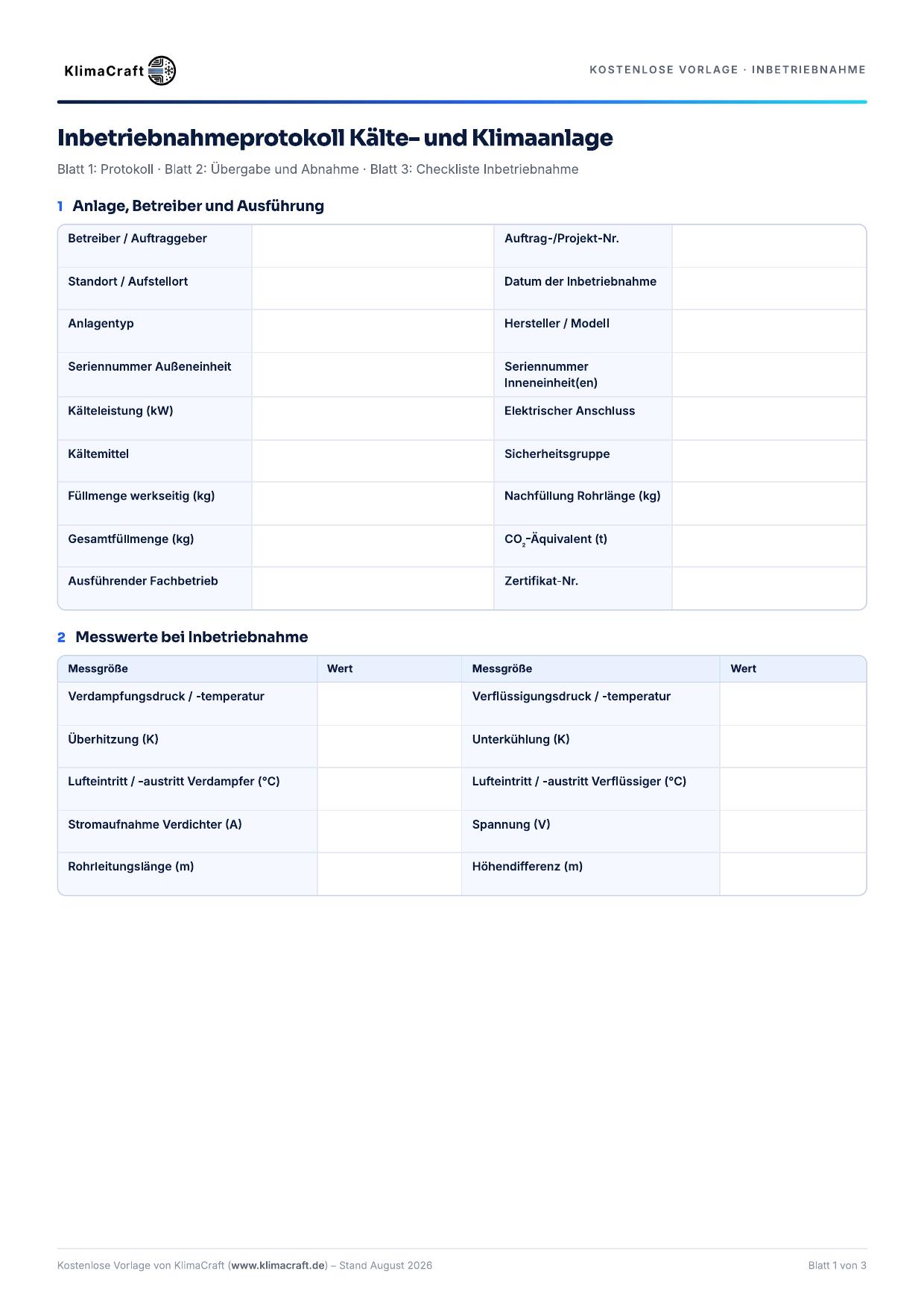 Seite 1 der Vorlage Inbetriebnahmeprotokoll Kälteanlage