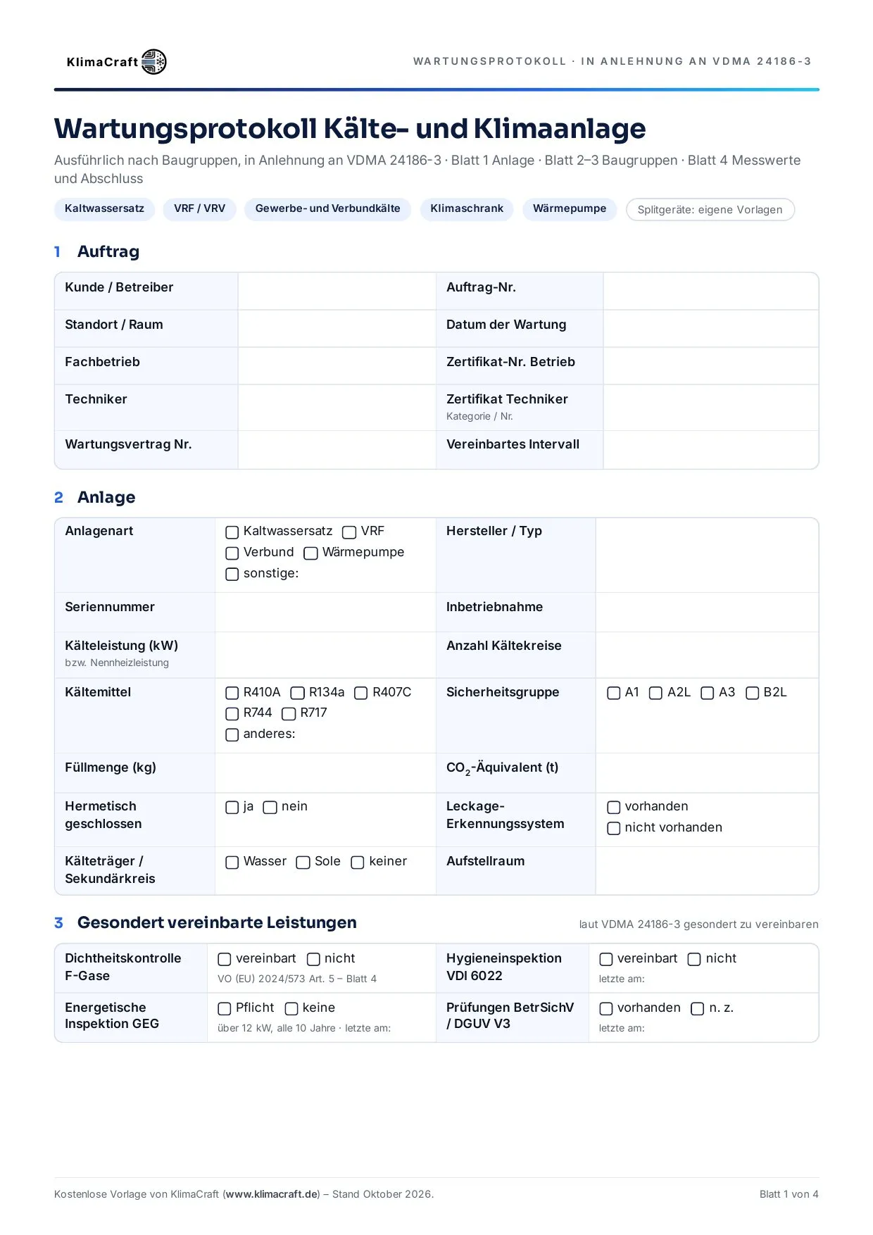 Vorschau Wartungsprotokoll Kälte- und Klimaanlage (VDMA 24186-3)
